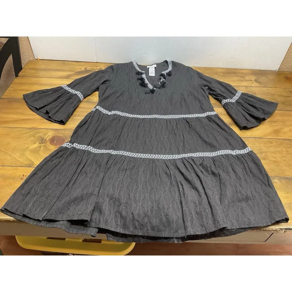 Tommy Bahama Women's Black Embroidered Tassel Tier Cover-Up Dress Size Small